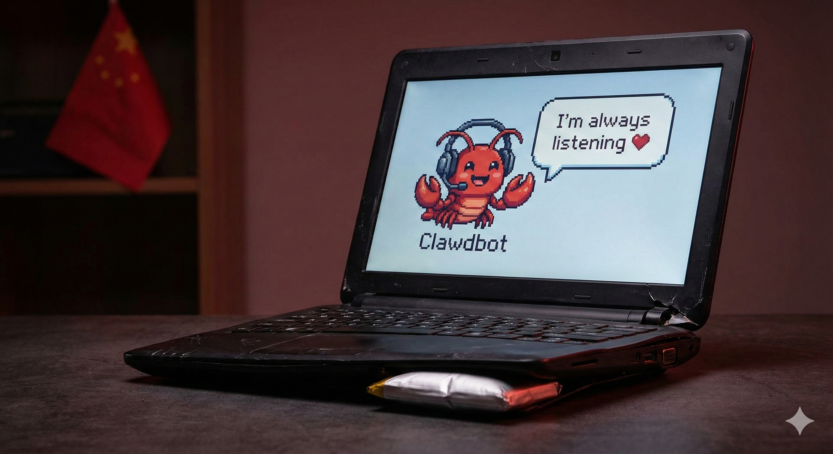 MoltyBook - A beat-up netbook with a friendly lobster saying 'I'm always listening' and a Chinese flag in the background